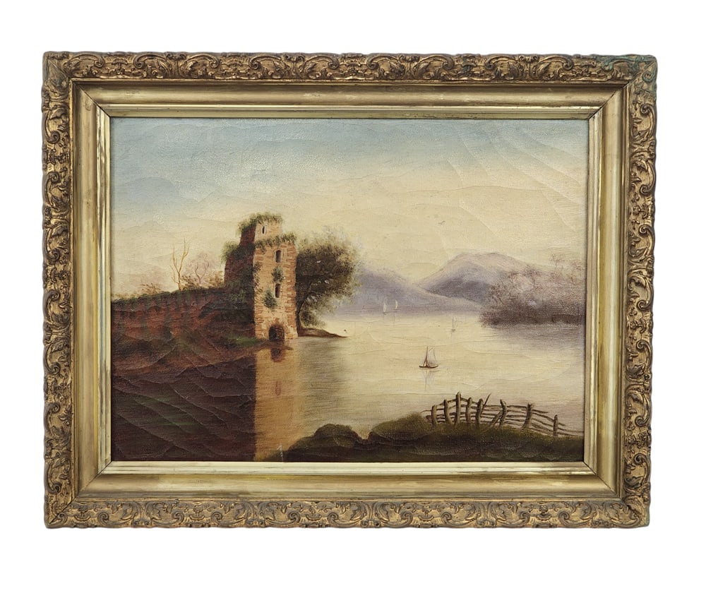 HUDSON RIVER SCHOOL LANDSCAPE: American, c. 1890, oil on canvas. River scene with sailing boats and castle ruins. In its original frame. 10.5" high, 14.5" wide (sight); 14.5" high, 18.5" wide (overall). Provenance: a New York colle