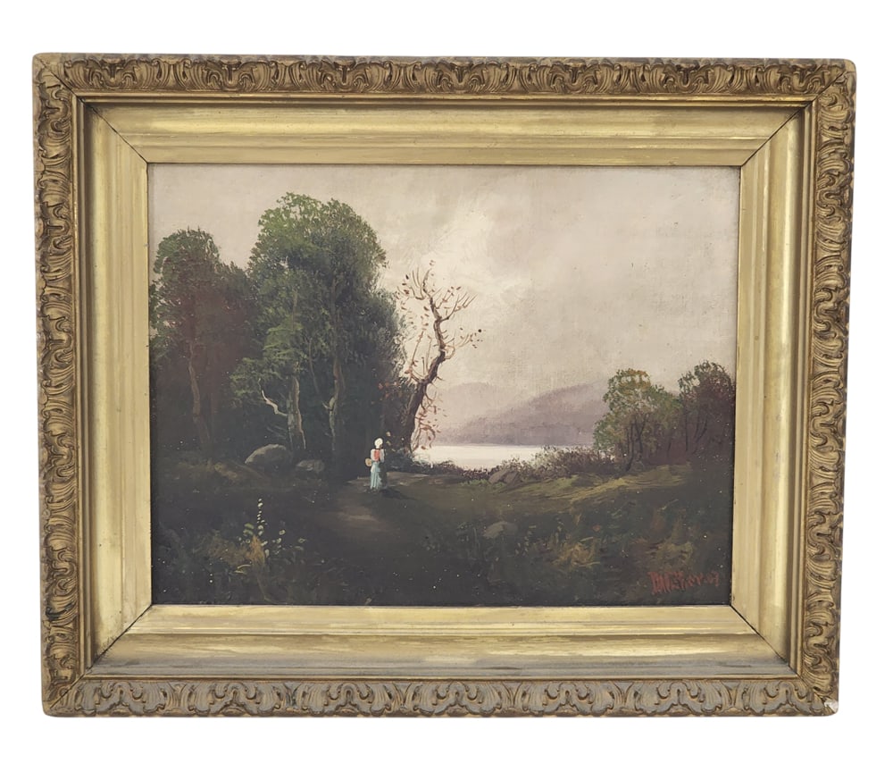 LANDSCAPE BY D.A. FISHER (AMERICAN, 1867-1940): Oil on canvas, signed lower right and and dated 1907. Bucolic river landscape with a central female figure. In its original frame. 9" high, 11.5" wide (sight); 13" high, 15.5" wide (overall). Provenan