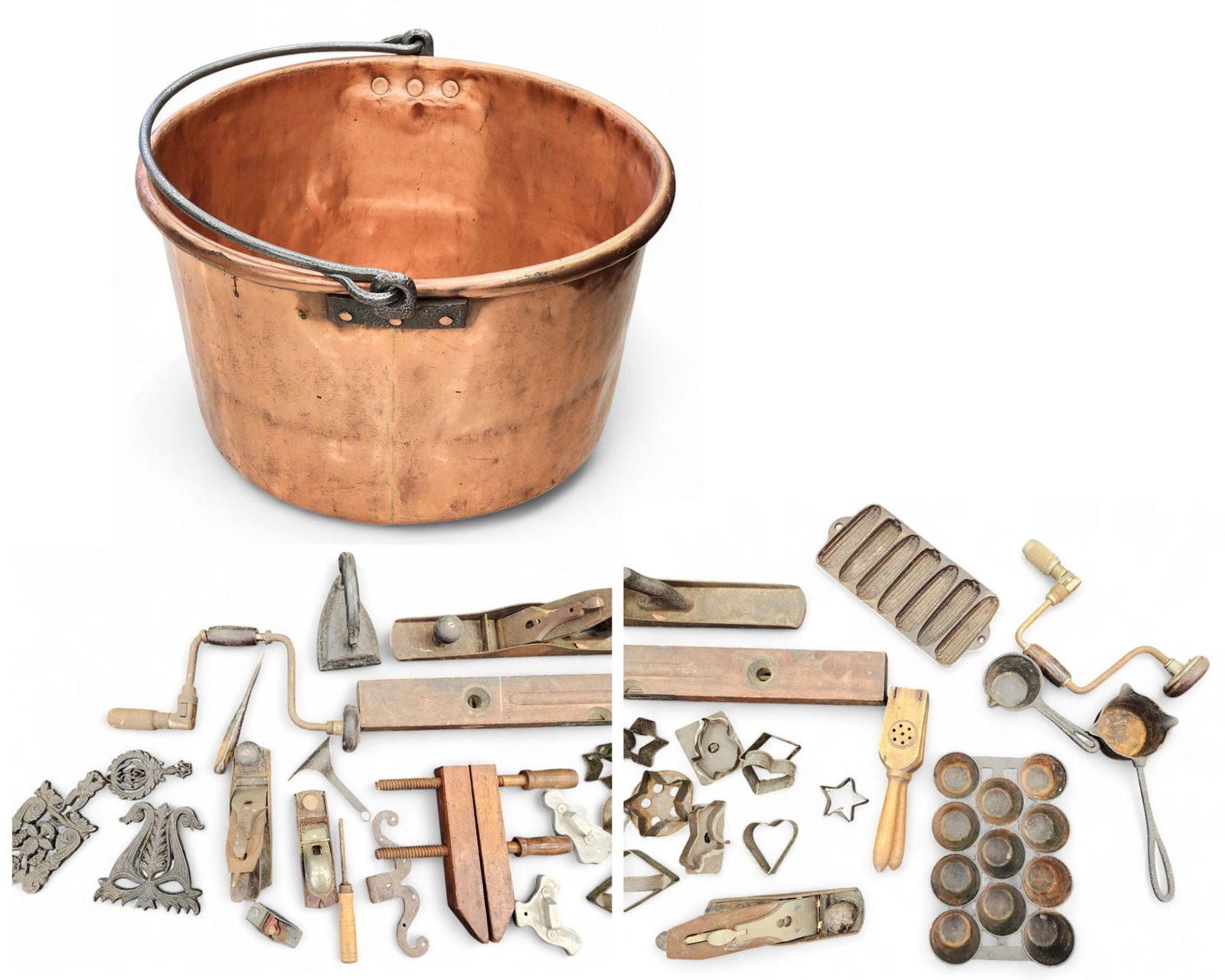COLLECTION OF TOOLS AND MISCELLANEOUS: American, 19th-20th century. Includes a large copper apple butter kettle, as well as tools (planes, level, etc.), tin cookie cutters, iron trivets, and more. Kettle is 23" diameter. Provenance: a west