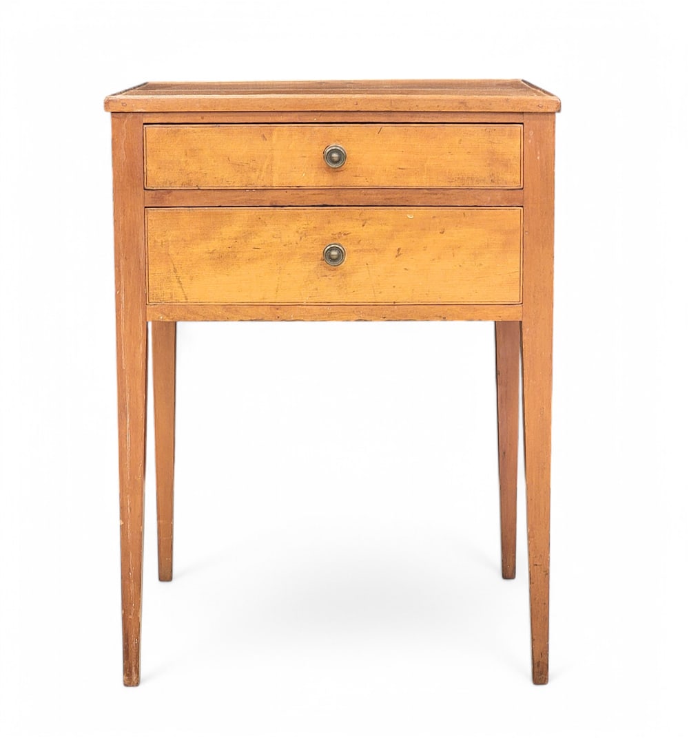 HEPPLEWHITE TWO-DRAWER STAND: American, 1810-1830, cherry and poplar. Tray top over two drawers and tapered legs. 28" high, 20.5" wide, 18" deep. Provenance: a western New York collection.