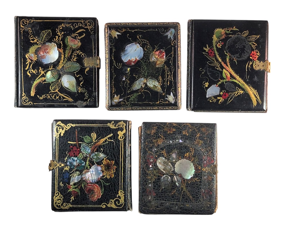 FIVE SIXTH PLATE DAGUERREOTYPES IN INLAID CASES: All in painted cases with mother of pearl and abalone inlay. Provenance: The Collection of Dr. Virginia Gunn, Wooster, Ohio.