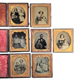 SEVEN SIXTH PLATE PHOTOGRAPHS OF PARENTS AND CHILDREN.