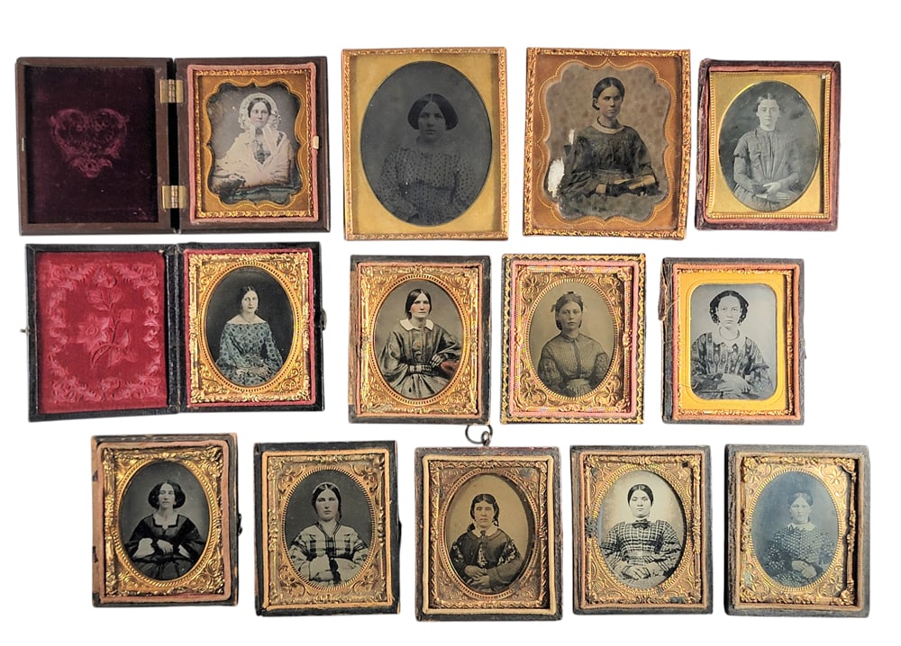 THIRTEEN NINTH PLATE PHOTOGRAPHS OF YOUNG WOMEN: Includes one daguerreotype and the rest being ambrotypes and tintypes, and one later photograph; two are in union cases; two are uncased. Provenance: The Collection of Dr. Virginia Gunn, Wooster, Ohio