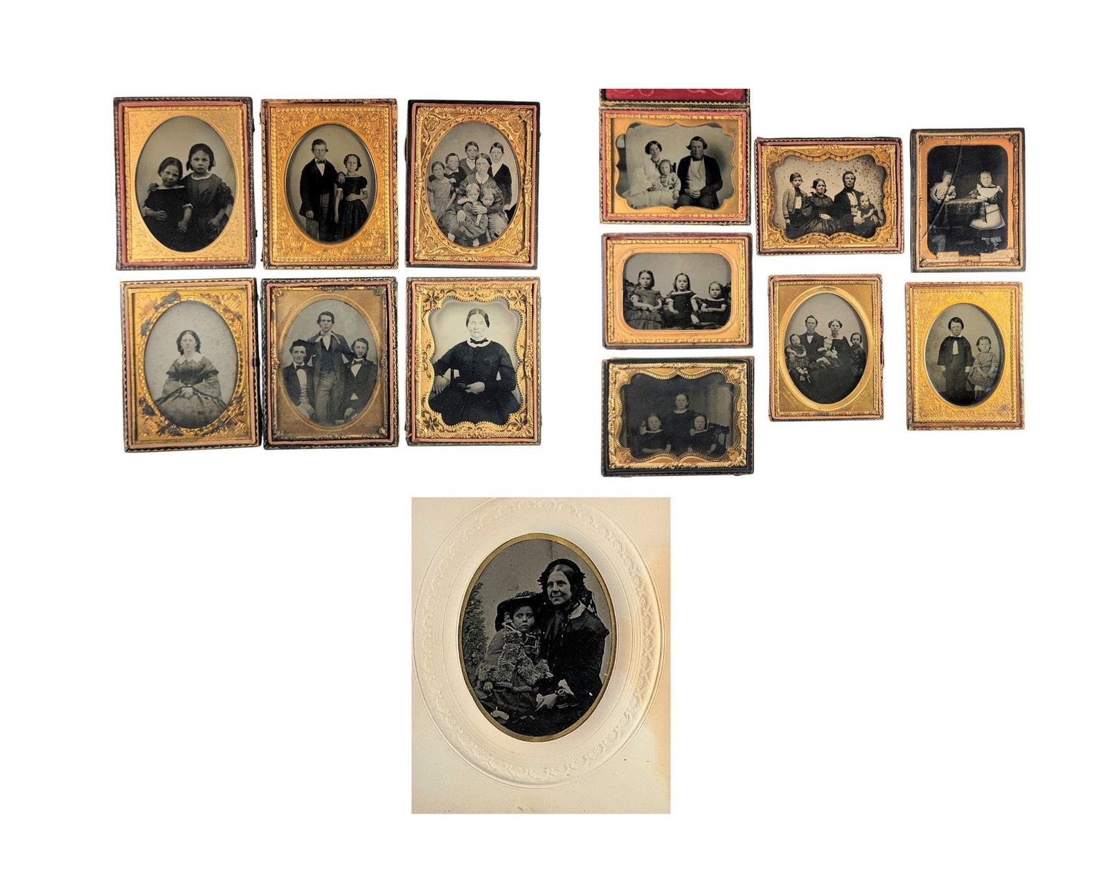 FOURTEEN QUARTER PLATE PHOTOGRAPHS OF COUPLES AND FAMILIES: Includes ambrotypes and tintypes. Provenance: The Collection of Dr. Virginia Gunn, Wooster, Ohio.