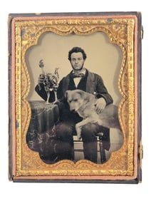 AMBROTYPE OF A MAN, HIS DOG, AND HIS CHICKEN