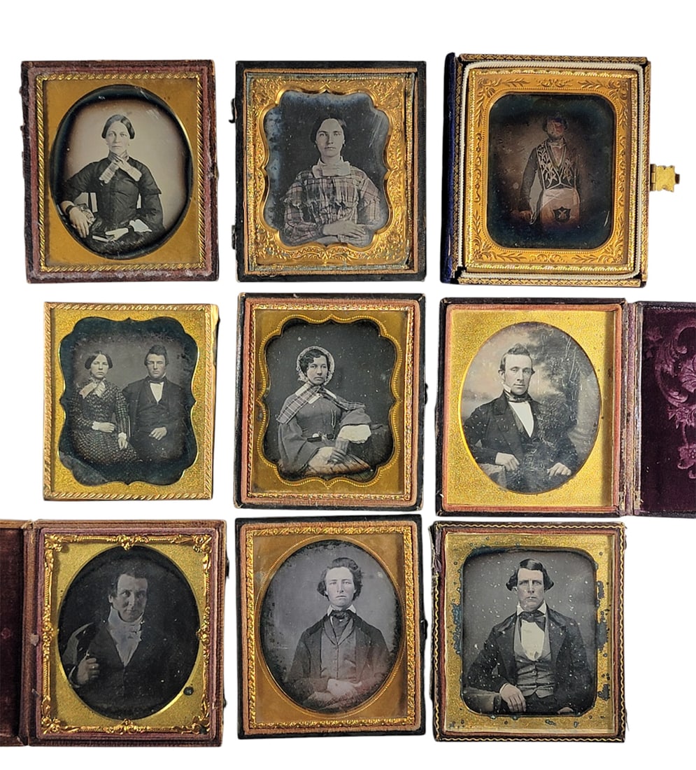 COLLECTION OF SIXTH PLATE DAGUERREOTYPES: Includes a couple, four of gentlemen, three of well-dressed ladies, and one of a Mason. Provenance: private collection.