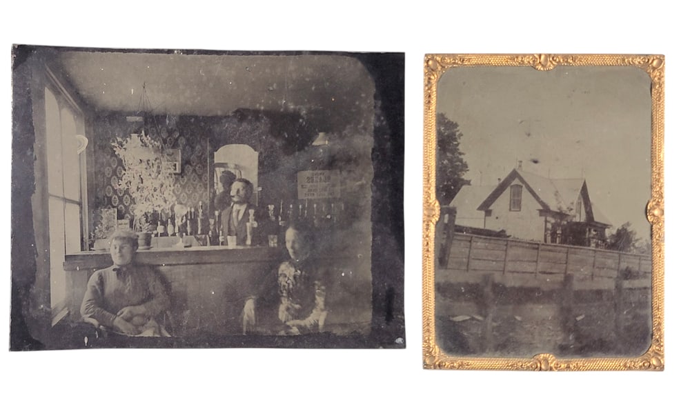 TWO TINTYPES: Includes a quarter plate outdoor view of a house; together with a slightly larger view of the interior of a saloon with a cigar advertisement on the wall. Provenance: private collection.