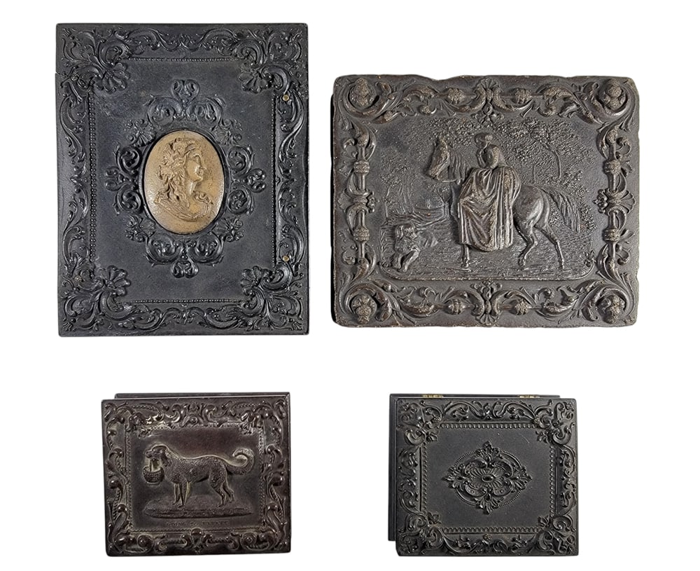 FOUR THERMOPLASTIC UNION CASES: Includes a quarter plate with a woman on horseback (images is a tintype of a couple); together with a quarter plate case with inset cameo (image is a tinted mother and child); an empty ninth plate wit