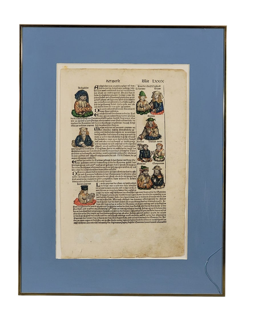 HANDCOLORED LEAF FROM THE NUREMBERG CHRONICLE: Hartmann Schedel, Liber Chronicarum, Nuremberg: Anton Koberg, 1493. Blat LXXIX, with handcoloring, from one of the most celebrated books of the incunabula era. Matted and framed. 17.5" high, 11.5" wid