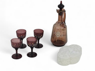 ENAMELED DECANTER SET AND COVERED DISH