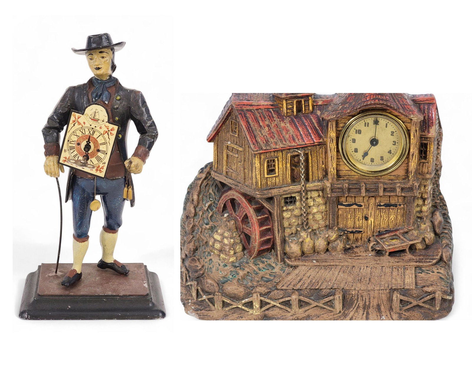 TWO NOVELTY CLOCKS: Includes a Dutch clock peddlar with small clock attached to the front. 15" high, 8" wide, 5" deep; together with a cast resin mill clock, 11" wide. Provenance: a western New York collection. Provenanc