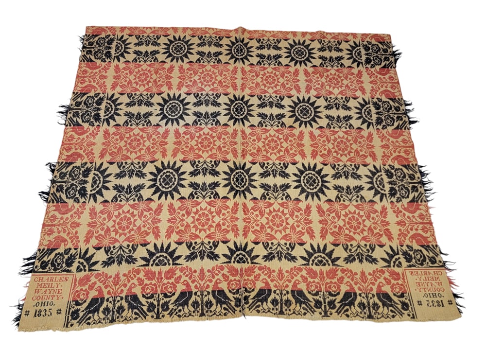 WAYNE COUNTY, OHIO COVERLET: Charles Meily, Wayne County, 1835. A coverlet in blue and red with floral medallions having sixteen-point stars at their centers, bird and rose borders, corner blocks signed and dated "CHARLES MEILY W