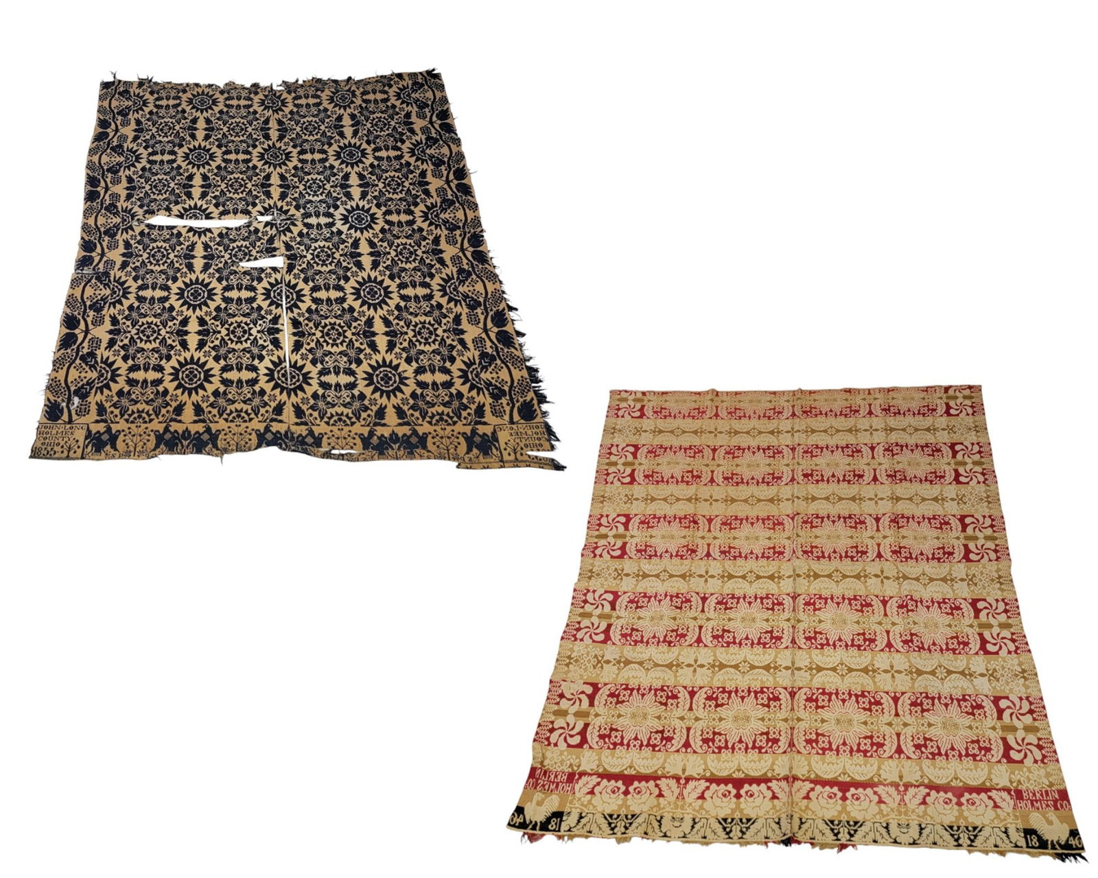 HOLMES COUNTY, OHIO COVERLETS: Ohio, mid-19th century. Two coverlets originating in Holmes County: one in red, gold, green, and black with a centerfield of large floral medallions and offset foliate medallions, floral and pinwheel 