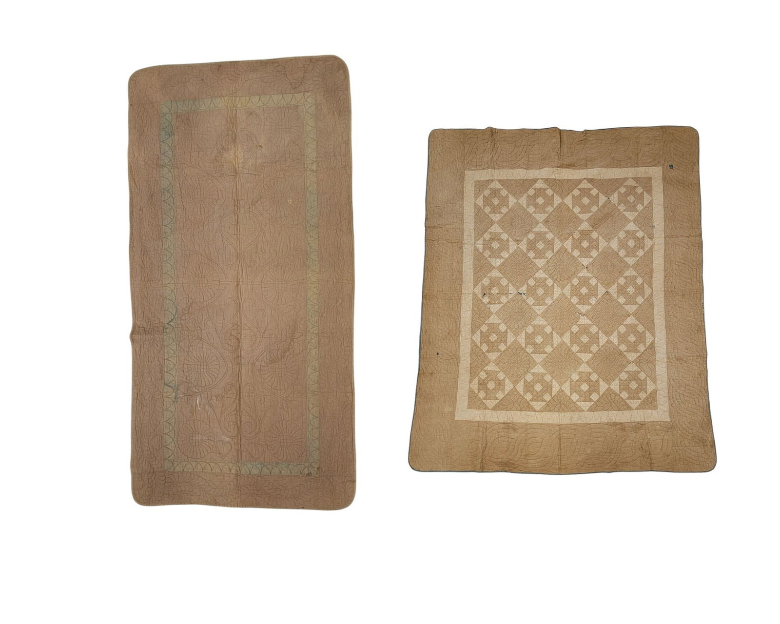 TWO PIECED QUILTS: American, cotton. Two pieced quilts: a quilted whole cloth with a simple pieced rectangle shape and quilted flowers, hearts, and plumed vine designs, 71" by 36"; a quilt with alternating pieced geomet