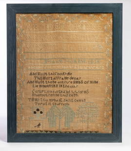 WESTERN PENNSYLVANIA NEEDLEWORK SAMPLER: Mary McGrew, Westmoreland County, 1834, silk on linen. Alphabet and number lines over a verse over trees and birds. In a blue-painted frame by Bernie Harter. 24" high, 20" wide (overall). According to