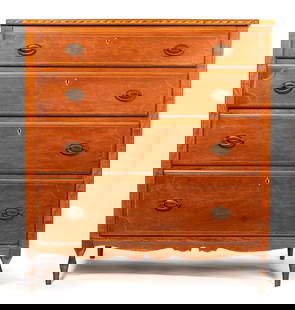 INLAID SHERATON CHEST OF DRAWERS: Probably Shinnston, West Virginia area, incised date of 1815, cherry. Four graduated and inlaid drawers, inlaid top edge, and on ebonized feet. 43.25" high, 39.25" wide, 21.25" deep. Provenance: the c