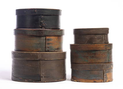 GRADUATED STACK OF PANTRY BOXES: American, 19th century. An assembled set of six round boxes, all with old green/blue paint. 5.75" to 8.75" diameter. Provenance: the collection of the late Jo Louise Brown, Zoar, Ohio. In-house shippi