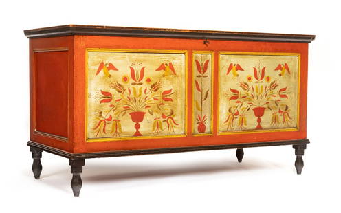 OHIO DECORATED BLANKET CHEST: Attributed to the Long family, possibly Tobias Long, Liberty Township, Hardin County, c. 1840-1850, poplar and chestnut. Paneled chest with turned feet, original paint, including pale panels with tuli