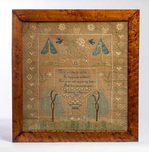 NEEDLEWORK SAMPLER: Rebecca Adamson, probably Columbiana County, Ohio, 1826, silk on linen. Highly graphic sampler with pine and willow trees, baskets of flowers, strawberries, and birds, and with a central verse and nam