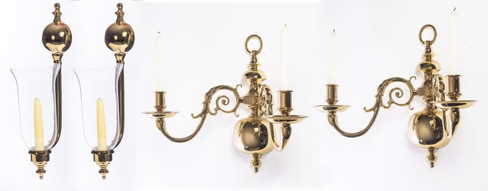 TWO PAIRS OF WILLIAMSBURG BRASS SCONCES