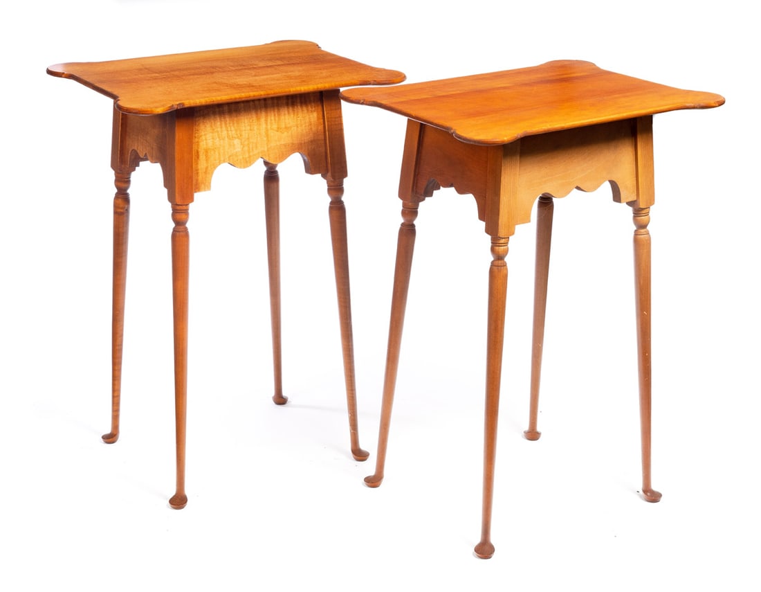 TWO SIMILAR QUEEN ANNE-STYLE TEA TABLES: Riverbend Chair Co., West Chester, Ohio, 20th century, cherry and curly maple. Porringer tops. 26" high, 19" wide, 14" deep. Provenance: the collection of the late Jo Louise Brown, Zoar, Ohio. Pickup