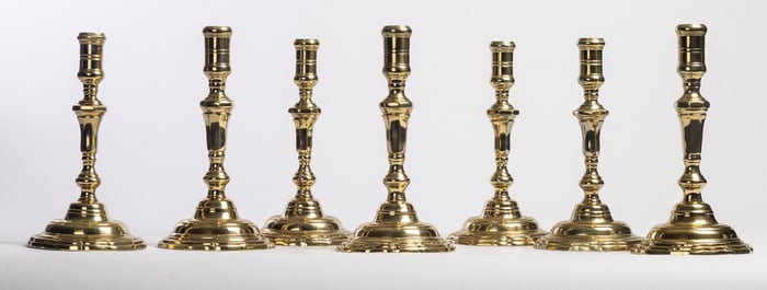 ASSEMBLED SET OF VIRGINIA METALCRAFTERS BRASS CANDLESTICKS