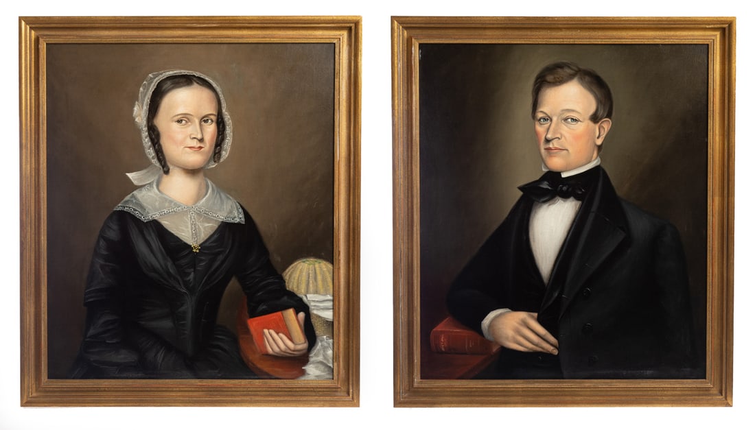 PAIR OF EARLY AMERICAN PORTRAITS: 1825-1835, oils on canvas. A lady and a gentleman, both in black, she wears a lace bonnet and collar, the collar with a gold brooch, he wears a black cravat. In later frames. 31.5" high, 27.5" wide (o