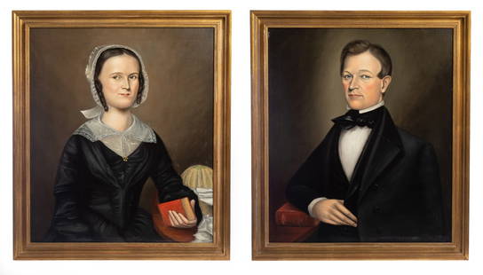 PAIR OF EARLY AMERICAN PORTRAITS: 1825-1835, oils on canvas. A lady and a gentleman, both in black, she wears a lace bonnet and collar, the collar with a gold brooch, he wears a black cravat. In later frames. 31.5" high, 27.5" wide