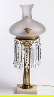 CLASSICAL ASTRAL LAMP: Cornelius and Co., Philadelphia, Pennsylvania, c. 1850, brass and marble. With etched shade and prisms. 21.25" high. Provenance: the collection of the late Jo Louise Brown, Zoar, Ohio. In-house