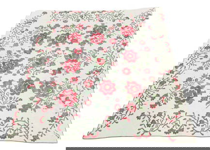 OHIO ROSE QUILT: Embroidered "Grandma Sarah Jane Beatty" and dated 1858. Central field of roses and a floral vining border, in red and green, with elaborate quilting and stuffed work. 84" by 84". Sarah Jane Beatty