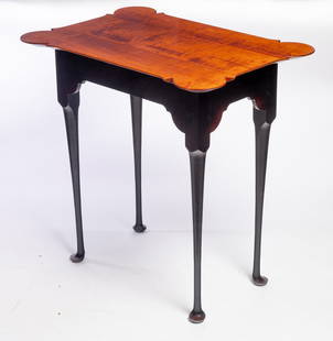 QUEEN ANNE-STYLE TEA TABLE: Treharn, Youngstown, Ohio, 20th century. Curly maple porringer top on a black-painted base. 26" high, 26" wide, 17.75" deep. Provenance: the collection of the late Jo Louise Brown, Zoar, Ohio.