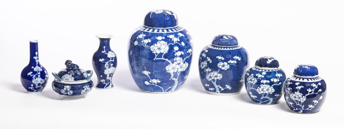 COLLECTION OF CHINESE PORCELAIN: 19th-20th century. All in the Prunus Hawthorn pattern, blue and white, some marked. Tallest is 8.25" high. Provenance: the collection of the late Jo Louise Brown, Zoar, Ohio. In-house shipping is avai