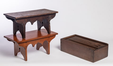 TWO FOOTSTOOLS AND A SLIDE-LID BOX