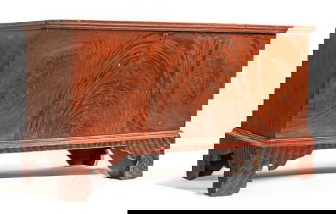 DECORATED OHIO BLANKET CHEST: Probably eastern Ohio, 1820-1840, poplar. Dovetailed, interior till, with high bracket feet, and retaining its original red and black paint decoration. 25.5" high, 43.5" wide, 19.5" deep. Provenance: