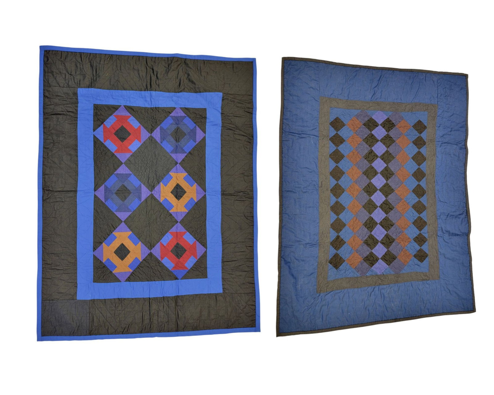 TWO WAYNE COUNTY, OHIO AMISH PIECED QUILTS: Ohio, 20th century, cotton. Two small pieced and handstitched quilts, both likely by the same Swartzentruber Amish maker, Mrs. Daniel Petersheim, both with geometric designs. 41" by 30.5", 36" by 28".