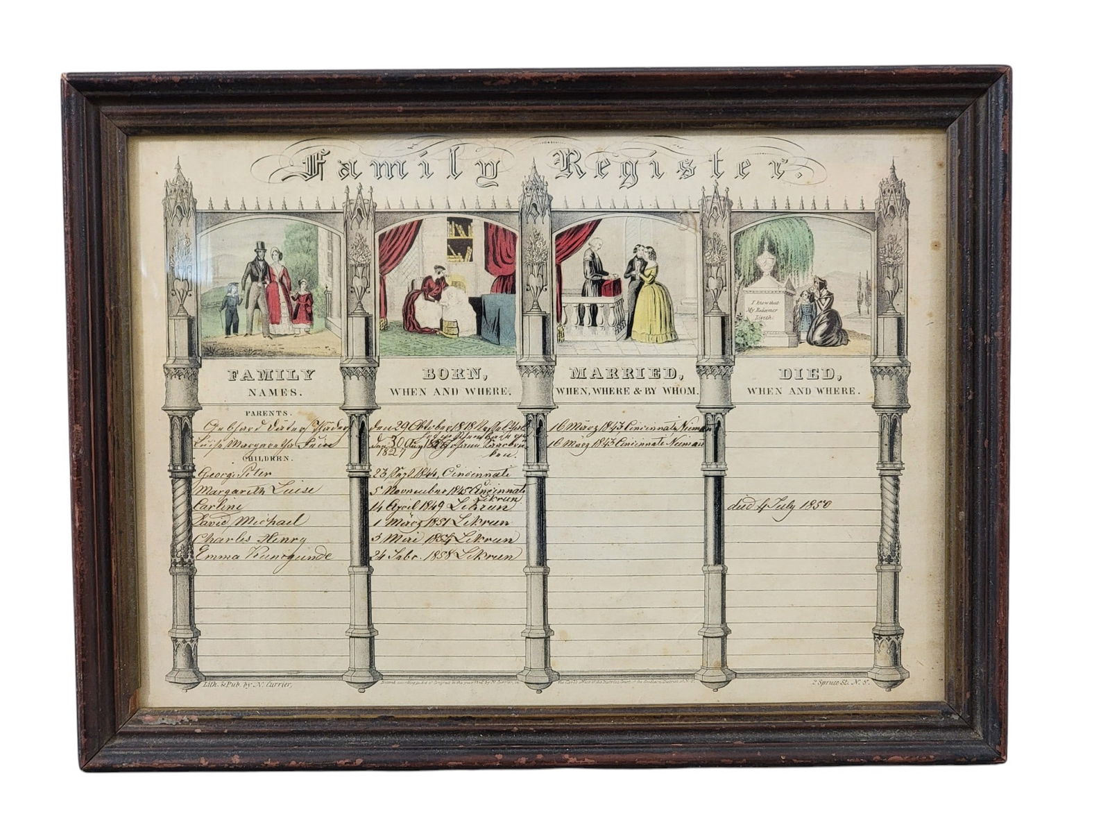 OHIO FAMILY RECORD: Mid-19th century. Printed family record by Nathaniel Currier, partially filled out in German, and including some births and marriages in Cincinnati. Period/original frame, 11.5" high, 15.5" wide (over