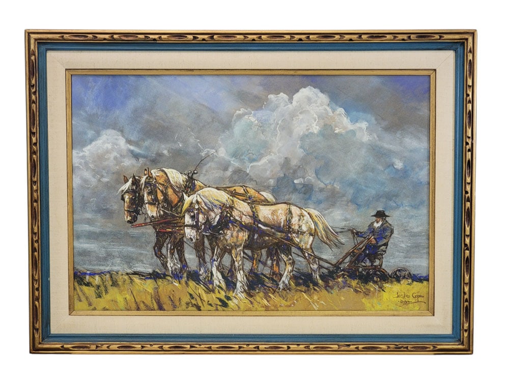 SPRING PLOWING BY LESLIE COPE (OHIO, 1913-2002): Spring Plowing in Wayne County, Ohio or Beating the Rain. Pastel on paper, signed lower right, dated 1975 (and with original label/price tag on the back). Dramatic agricultural scene with storm clouds