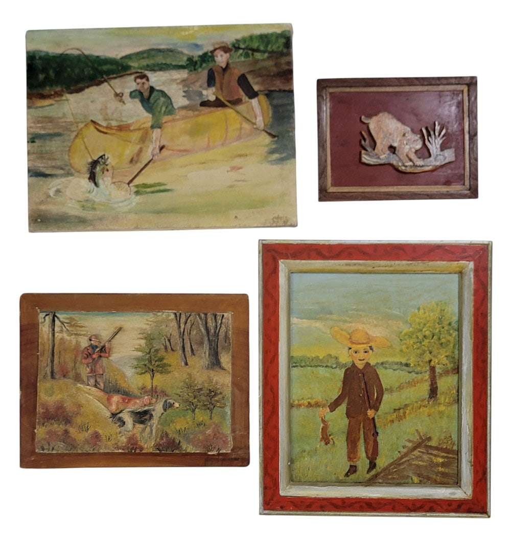 FOUR WORKS, INCLUDING EARL H. BEYMER (OHIO, 1890-1975): All sporting scenes. Includes a carved plaque of a bobcat, 7.25" high, 9.25" wide; a portrait of a young hunter and his kill, 12" high, 9.75" wide; a fishing scene, 11.75" high, 15.5" wide; together a