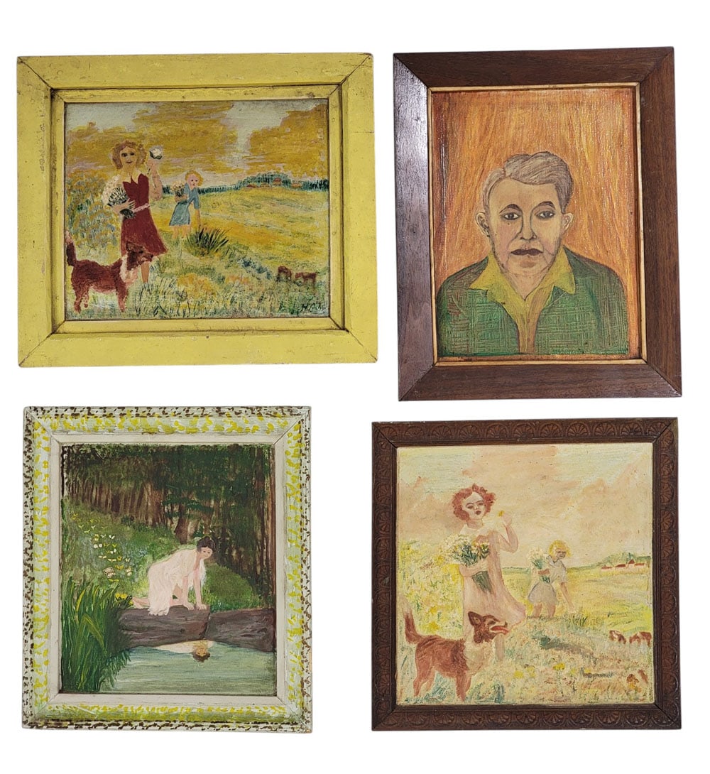 FOUR WORKS BY EARL H. BEYMER (OHIO, 1890-1975): Includes two nearly identical scenes of flower picking, 13" high, 14.75" wide and 12.5" square; a self-portrait, 14.5" high, 11.75" wide; and a woman looking at her reflection in a pond, 13.25" high, 