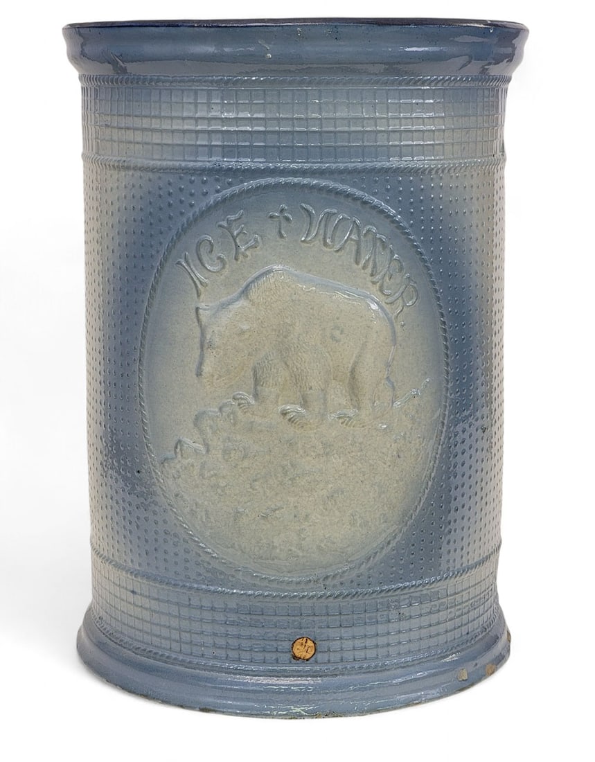 LARGE STONEWARE ICE WATER COOLER: American, early 20th century. Cylindrical molded form, with polar bears on both sides, the front with "ICE WATER" over the bear. 19.5" high. Provenance: private collection. Affordable, in-house shippi