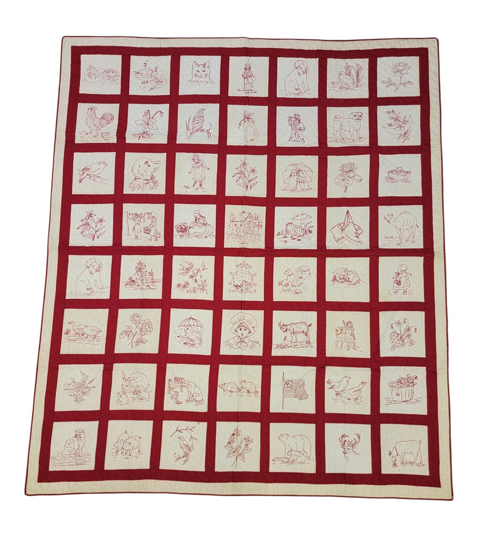 REDWORK QUILT WITH EMBROIDERED BLOCKS: American, early 20th century, cotton. Sashed block redwork quilt with 56 embroidered panels featuring various scenes and figures - primarily animals, children, and flowers. Solid red and white cotton,