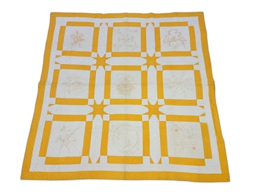 YELLOWWORK QUILT WITH EMBROIDERED BLOCKS