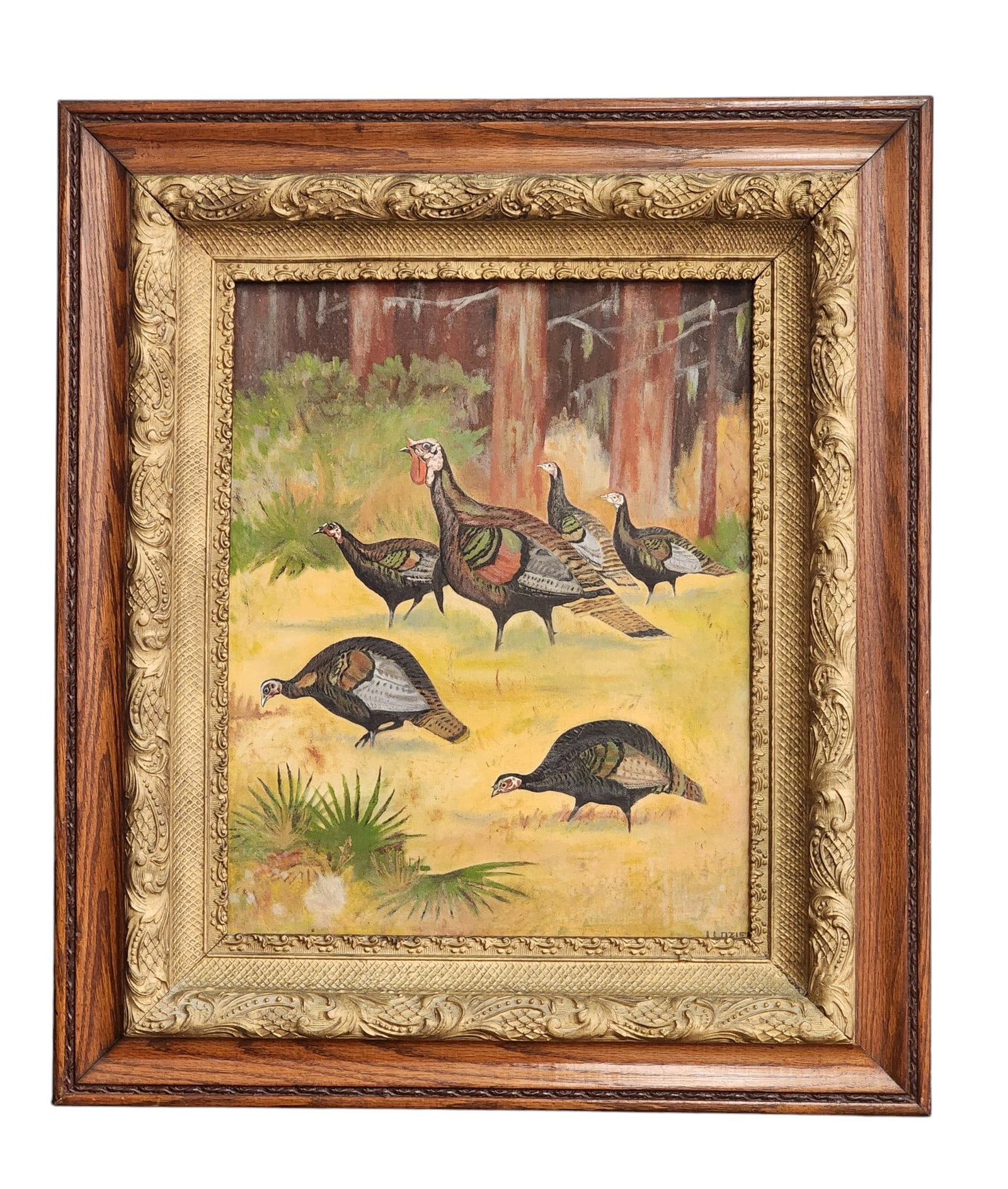 PORTRAIT OF A RAFTER OF TURKEYS: Signed "I. Lozier" lower right, American, 20th century, oil on canvas. Fall scene with a half dozen turkeys. In an earlier frame. 19.25" high, 15.5" wide (sight); 29.5" high, 25.5" wide (overall). Pro
