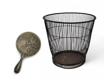 HAND MIRROR AND WIRE WASTE PAPER BASKET
