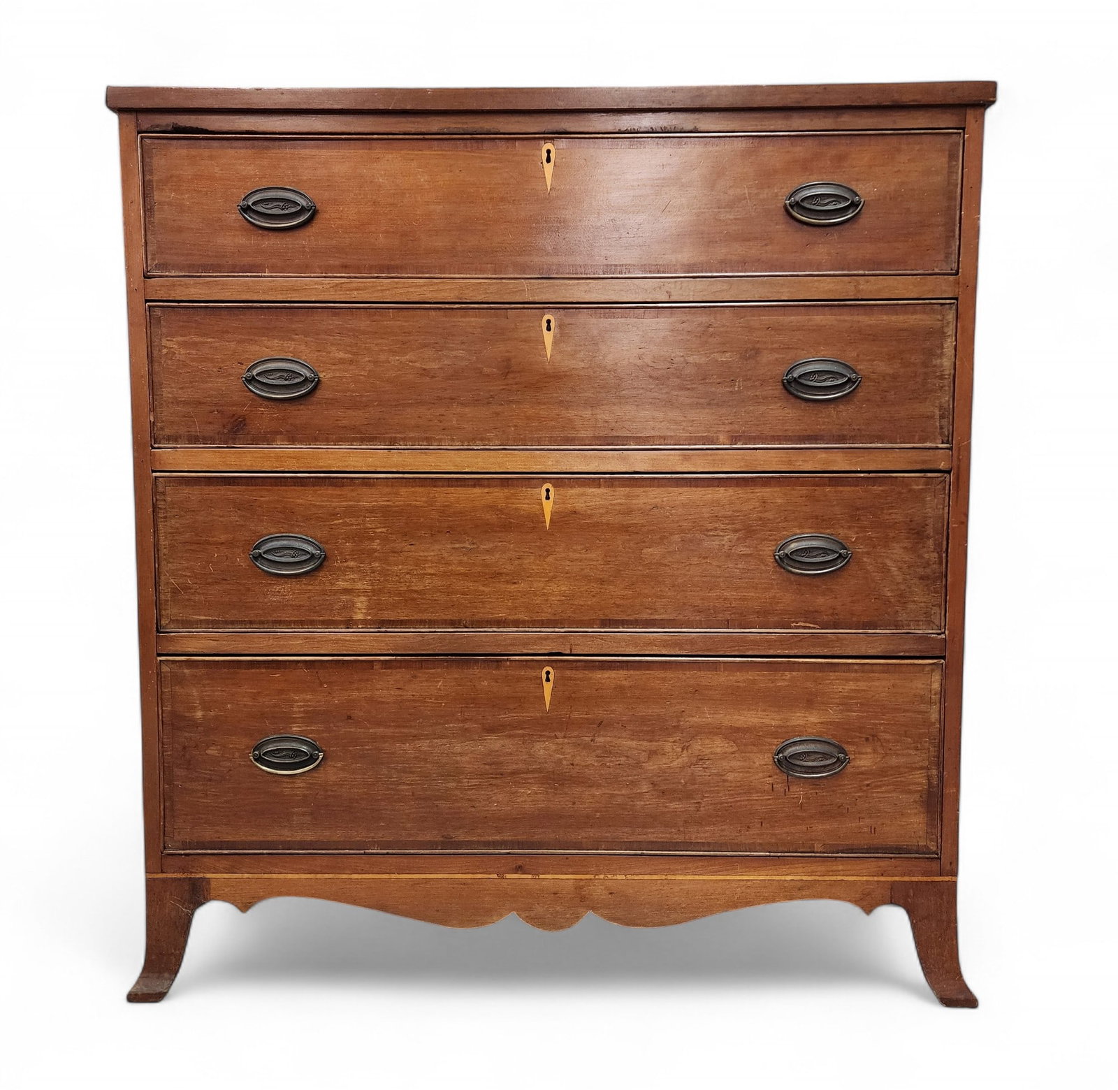 HEPPLEWHITE CHEST OF DRAWERS: American, early 19th century, cherry and poplar. Four graduated drawers with crossbanding, on French feet. 44.75" high, 41.5" wide, 19.5" deep. Provenance: a southern Ohio collection. Pickup or freigh