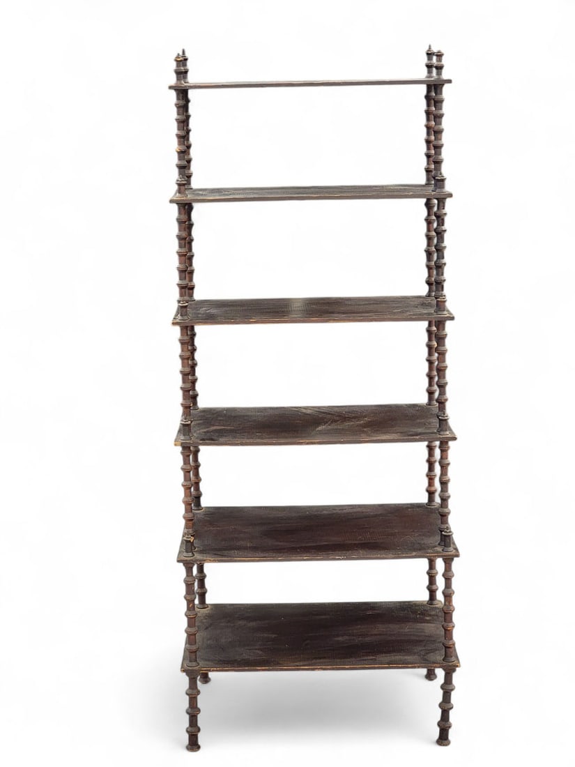 SPOOL SHELF OR ETAGERE: American, late 19th-early 20th century. Six-shelf etagere with uprights comprised of thread spools. 64.5" high, 26" wide, 18" deep. Provenance: a Midwestern collector Pickup or freight shipping is req