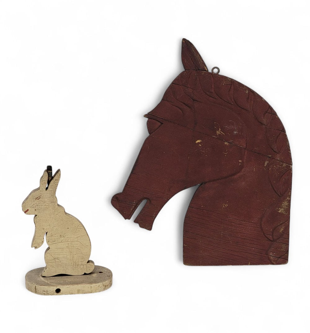TWO FOLK ART ANIMALS: American, 19th-20th century. A rabbit lamp base with original paint, 10" high; together with a horse head profile in original dark red, 19.25" high. Provenance: an Ohio collection. Affordable, in-hous