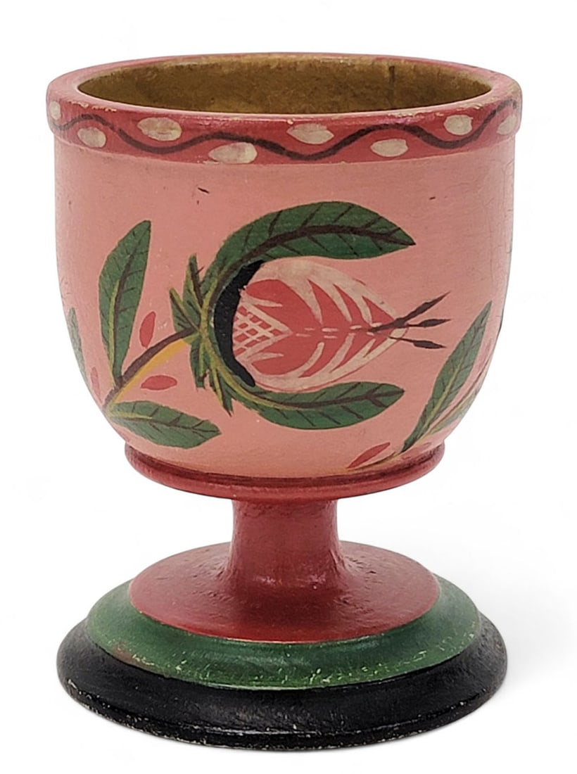 LEHNWARE EGG CUP: Lancaster County, Pennsylvania, 19th century, maple. Turned cup with original paint, including a salmon ground and yellow interior. 3.25" high. Provenance: an Ohio collection. Affordable, in-house shi