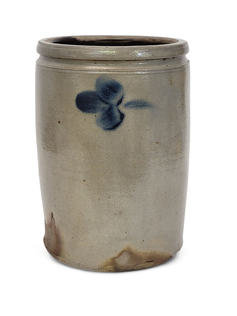 STONEWARE JAR WITH COBALT CLOVER: Attributed to Peter Herrmann, Baltimore MD, c. 1860. Large salt-glazed stoneware jar, straight sides, tooled neck and rim. Double clover brushed cobalt design, unsigned, no capacity mark. 9.75" tall.