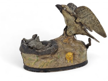 MECHANICAL CAST IRON BANK: EAGLE FEEDING EAGLETS